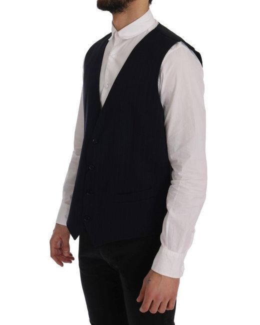 Dolce & Gabbana Black Elegant Striped Wool Blend Waistcoat Vest for men
