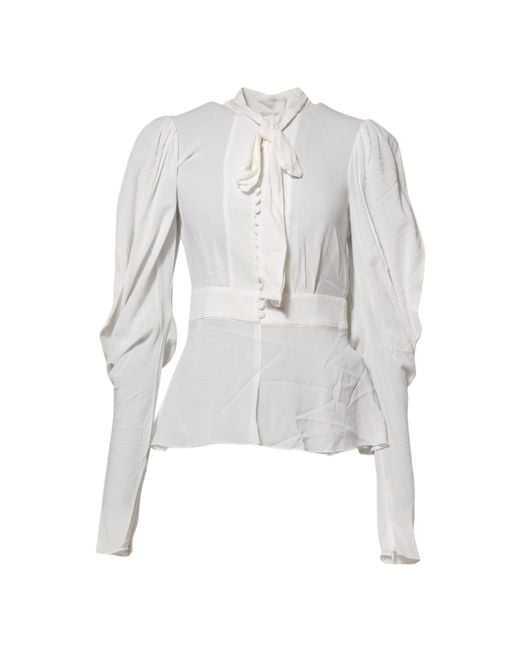 Dolce & Gabbana White Viscose Ascot Collar Long Sleeves Top for men