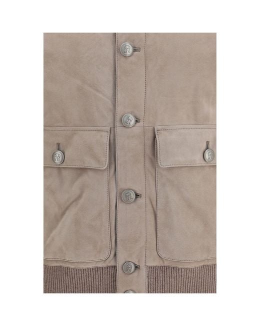 Brunello Cucinelli Gray Beige Calf Leather Bos Taurus Leather Jacket for men