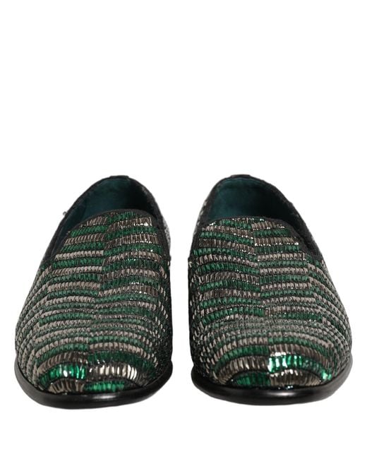 Dolce & Gabbana Silver Green Embellished Dress Loafers Shoes for men