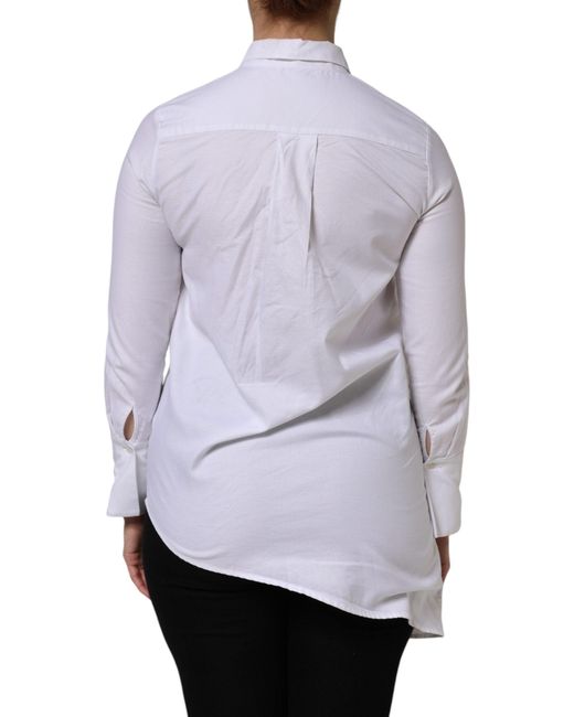 Aglini Blue White Cotton Collared Long Sleeves Ruffle Top Shirt