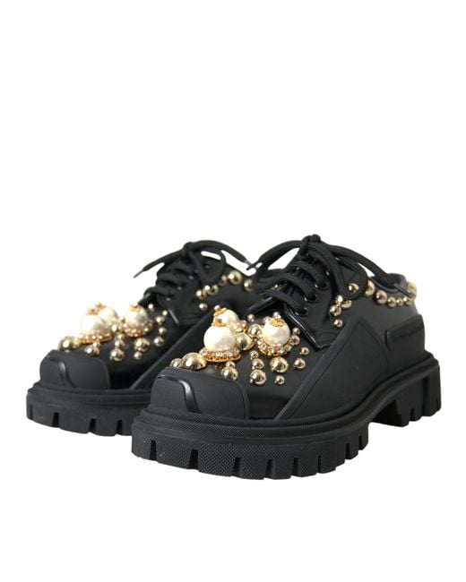 Dolce & Gabbana Black Leather Trekking Derby Embellished Shoes