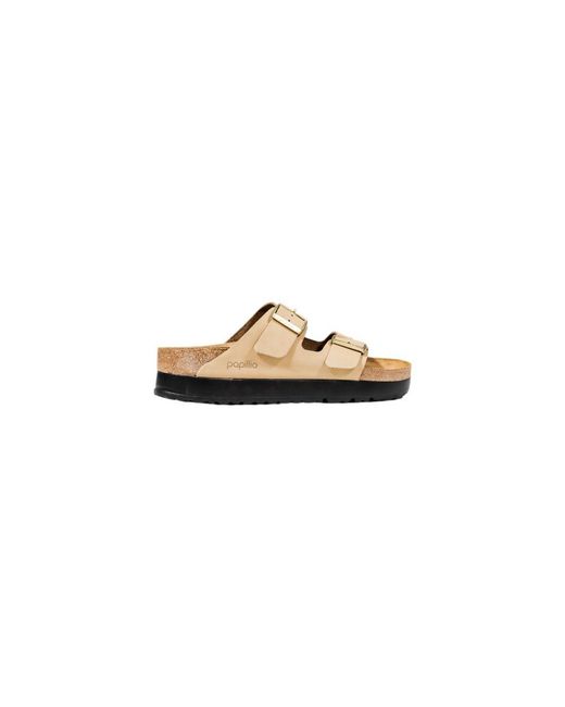 Birkenstock Metallic Beige Synthetic Platform Sandals