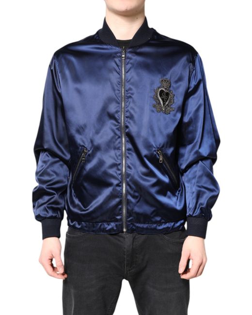 Dolce & Gabbana Blue Satin Jacket Logo Embroidery for men