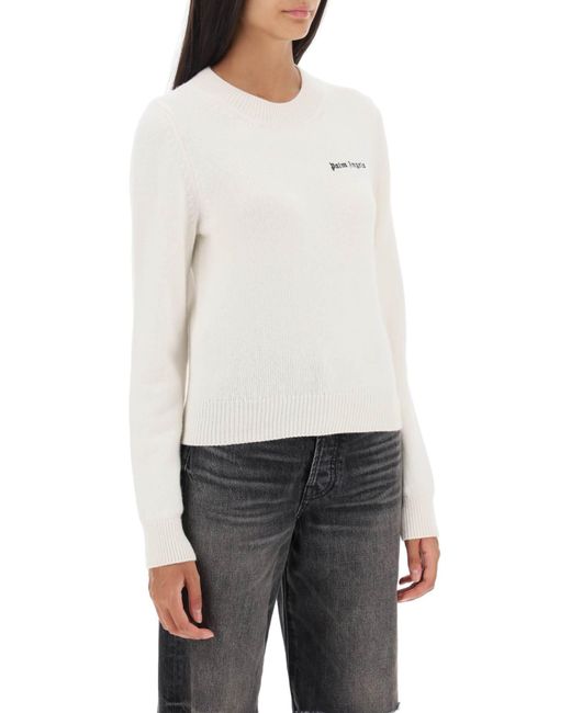 Palm Angels White Cropped Sweater With Logo Embroidery