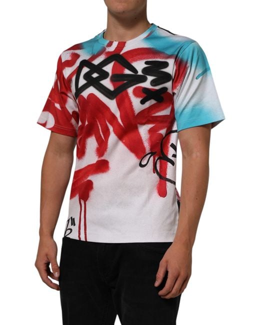 Dolce & Gabbana Red White Graffiti Crew Neck Short Sleeves T for men