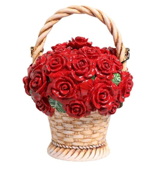 Dolce & Gabbana Beige Red Bouquet Flower Wicker Basket Dolce Box Bag