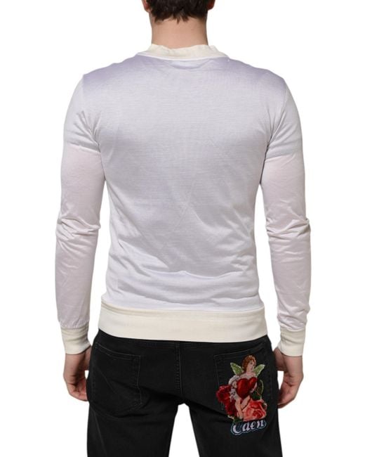 Dolce & Gabbana White Long Sleeve Tshirt Contrast Trim for men
