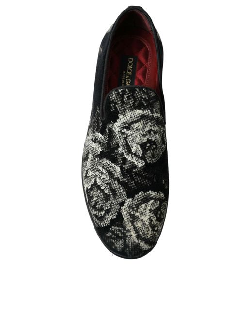 Dolce & Gabbana Black Floral Slippers Men Loafers Dress Shoes for men