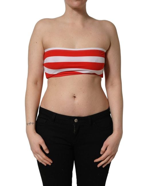 Dolce & Gabbana White Red Nylon Striped Ribbed Tube Crop Top