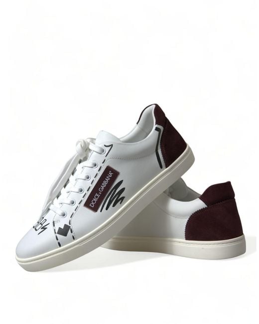 Dolce & Gabbana White Bordeaux Leather Logo Low Top Sneakers Shoes for men