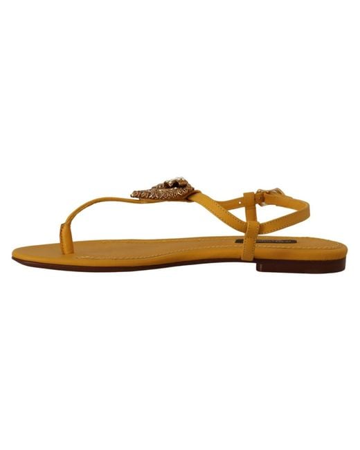 Dolce & Gabbana Black Mustard T-Strap Flat Sandals With Heart Embellishment