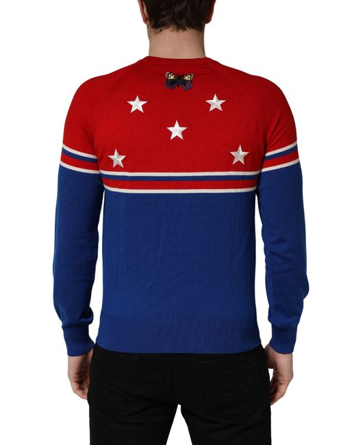Dolce & Gabbana Blue Multicolor Wool Butterfly Star Men Crew Neck Sweater for men