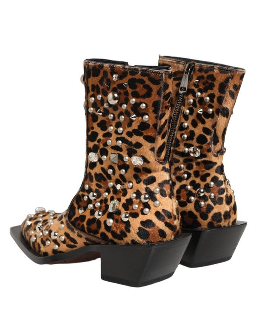 Dolce & Gabbana Brown Leopard Embellished Mid Calf Men Boots Shoes for men