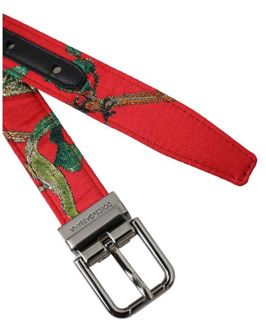 Dolce & Gabbana Red Leather Jacquard Metal Buckle Belt for men