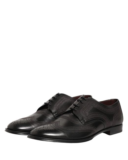 Dolce & Gabbana Brown Black Embroidered Leather Derby Dress Shoes for men