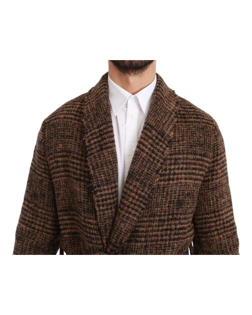 Dolce & Gabbana Brown Checkered Wool Robe Coat Wrap Jacket for men