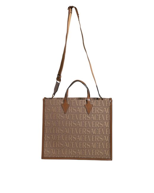 Versace Brown Top Handle Jacquard Leather Logo Crossbody Tote Bag