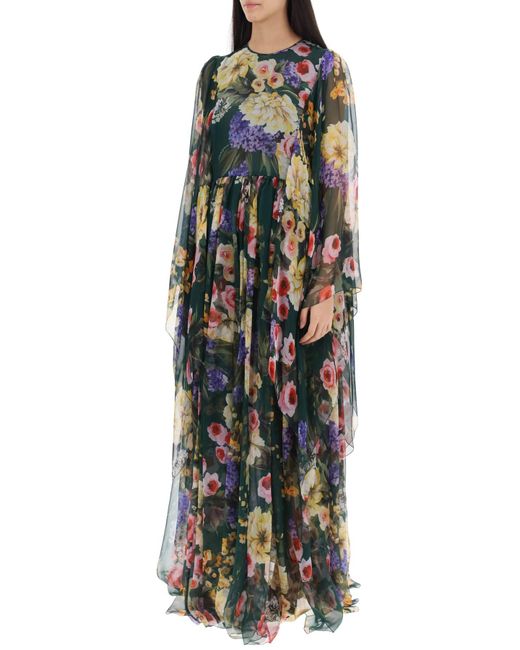 Dolce & Gabbana Green Chiffon Maxi Dress With Garden Print
