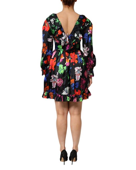 MSGM Black Floral Print Ruffletrim Dress