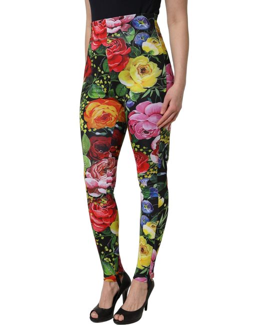 Dolce & Gabbana Yellow Multicolor Floral Stretch Jersey Leggings Pants