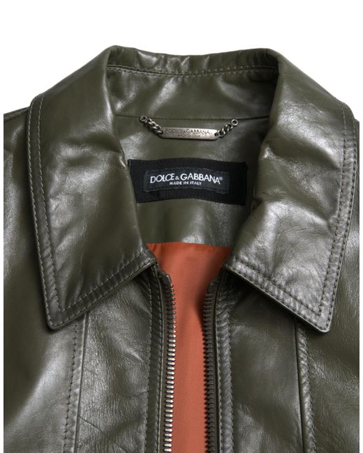 Dolce & Gabbana Black Leather Collared Biker Full Zip Jacket for men