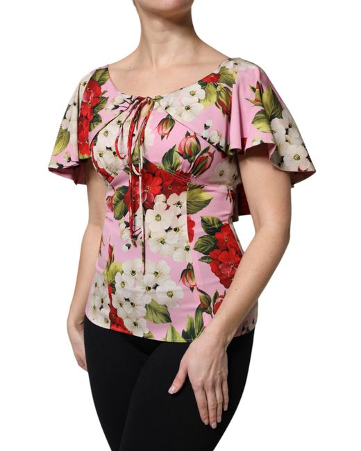 Dolce & Gabbana Red Pink Floral Silk Short Sleeves Blouse Top for men