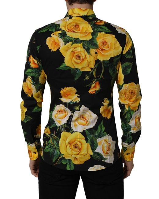 Dolce & Gabbana Black Floral Stretch Cotton Sicilia Fit Dress Shirt for men