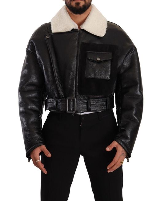Dolce & Gabbana Black Leather Shearling Biker Coat Jacket Lamb Leather for men