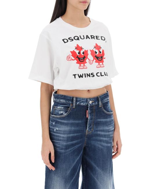 DSquared² Red Cropped T Shirt With Twins Club Print