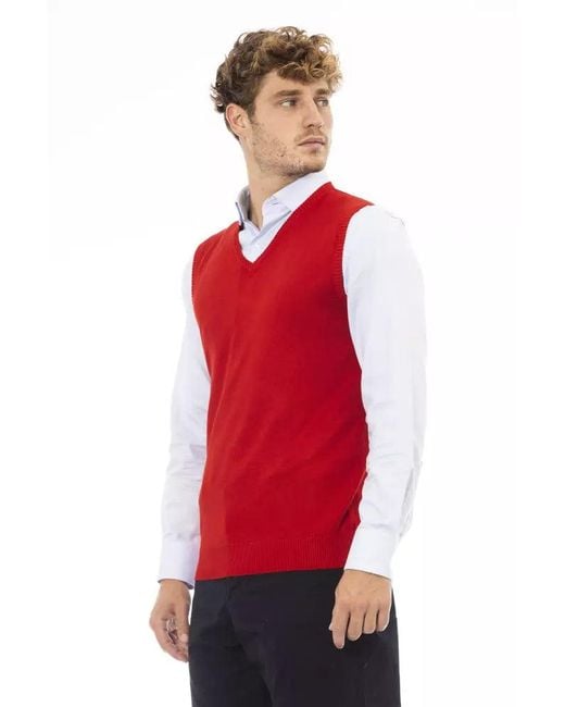 Alpha Studio Red Elegant V-neckline Vest Fine Rib Knit for men