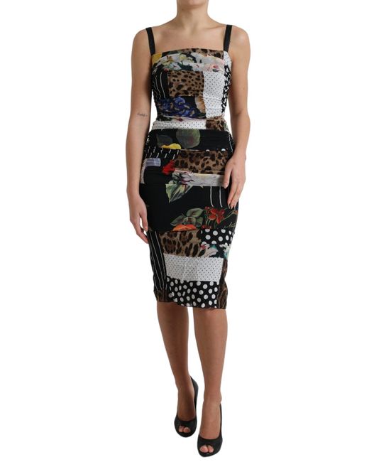 Dolce & Gabbana Black Multicolor Patchwork Midi Floral Leopard Bodycon Dress