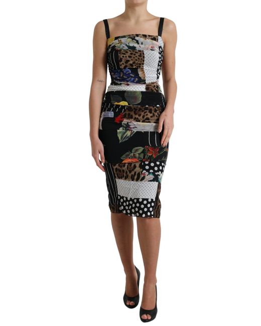 Dolce & Gabbana Black Patchwork Midi Floral Leopard Bodycon Dress