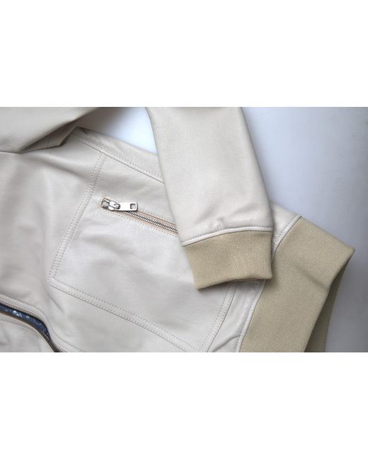Dolce & Gabbana Gray Cream Leather Bomber Blouson Full Zip Jacket for men