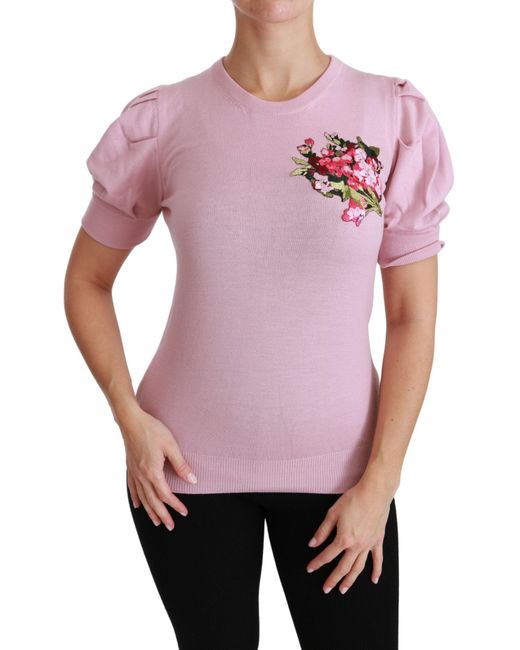 Dolce & Gabbana Pink Floral Embroidered Blouse Wool Top