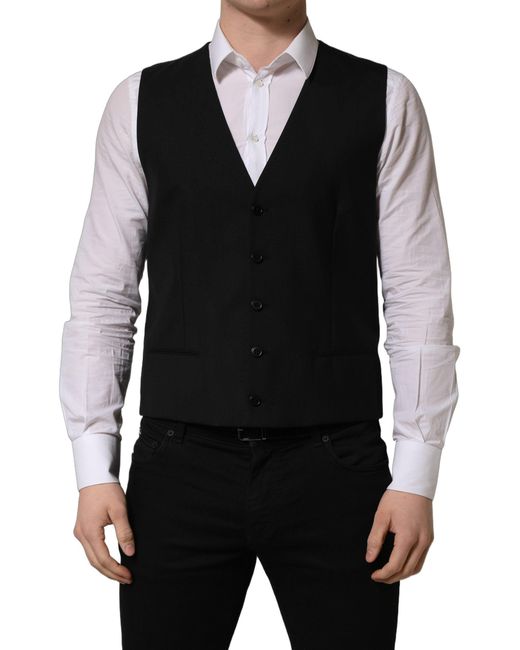 Dolce & Gabbana Black Wool Single Breasted Waistcoat Vest for men
