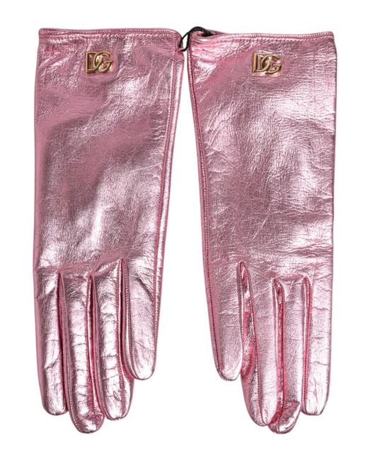 Dolce & Gabbana Pink Leather Dg Logo Wrist Length Mitten Gloves 32+Pu