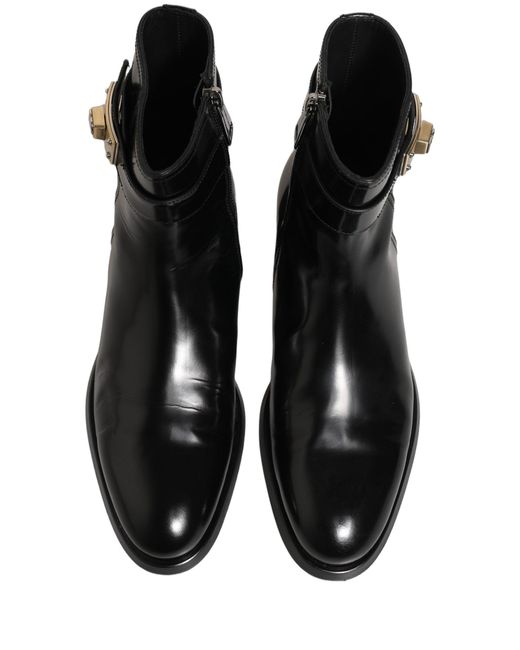 Dolce & Gabbana Black Leather Logo Buckle Mid Calf Boots Shoes for men