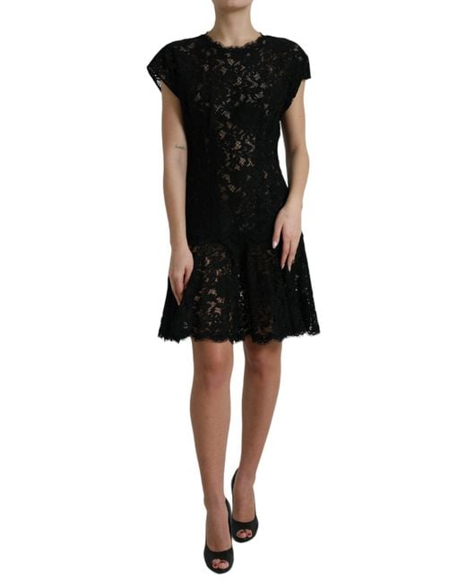 Dolce & Gabbana Women's Black Floral Lace Cotton A-Line Mini Dress
