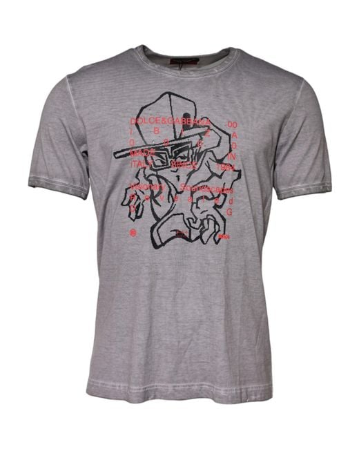 Dolce & Gabbana Gray Graphic Print Cotton Crew Neck T for men