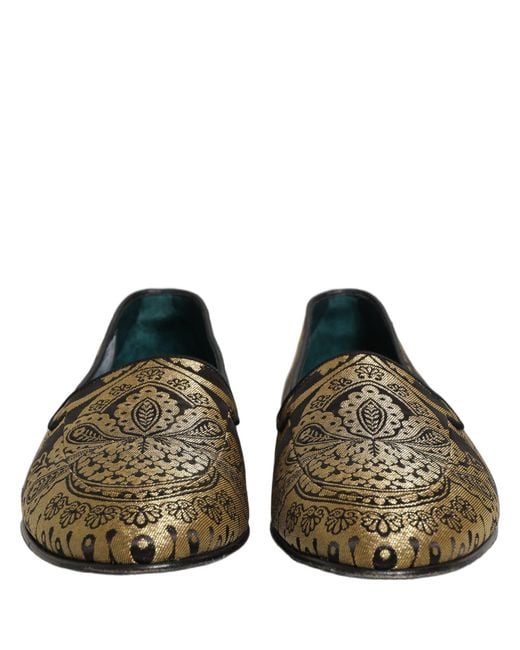 Dolce & Gabbana Gray Gold Jacquard Leather Slip On Loafers Shoes for men