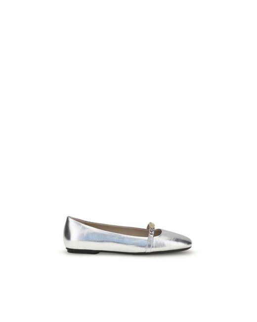 Pinko White Silver Calf Leather Bos Taurus Ballet Flats
