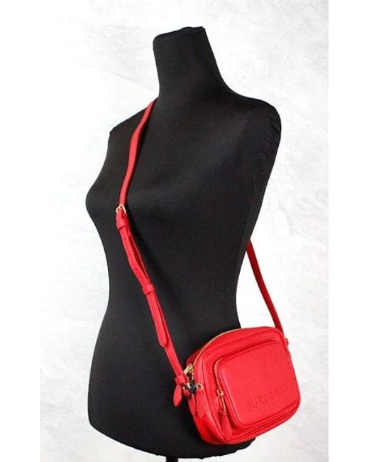 Burberry Red Small Branded Bright Grainy Leather Camera Crossbody Bag