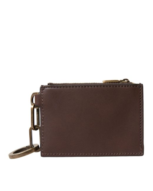 Dolce & Gabbana Brown Leather Zip Logo Keyring Coin Purse Keyring Wallet for men