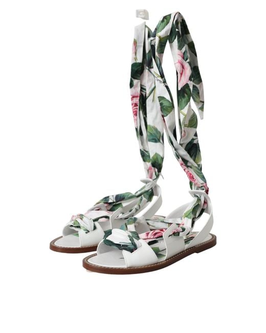 Dolce & Gabbana White Floral Print Ankle Wrap Sandals Shoes