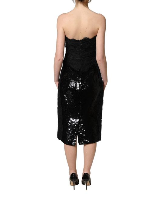 Dolce & Gabbana Black Strapless Red Rose Sequined Midi Dress