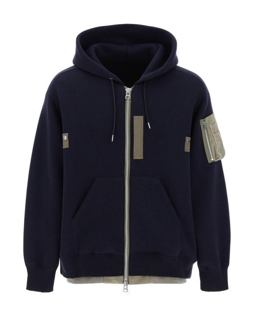 Sacai Blue Full Zip Hoodie With Contrast Trims for men