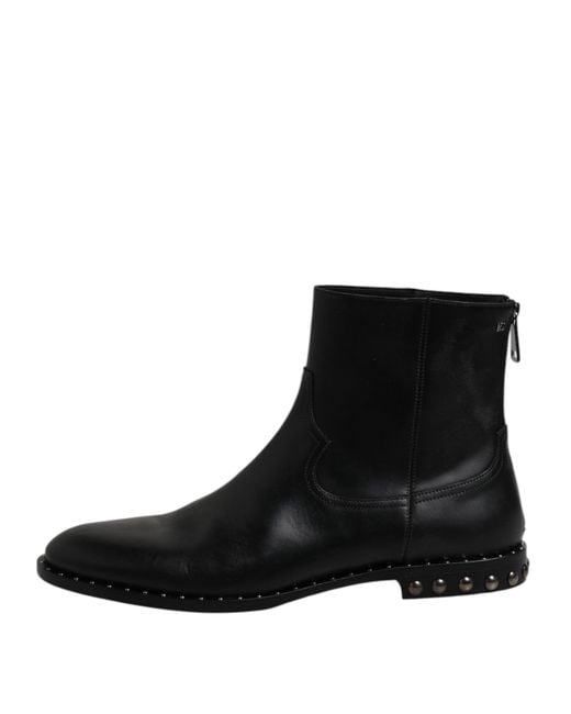 Dolce & Gabbana Black Leather Logo Ankle Boots Studded Shoes for men