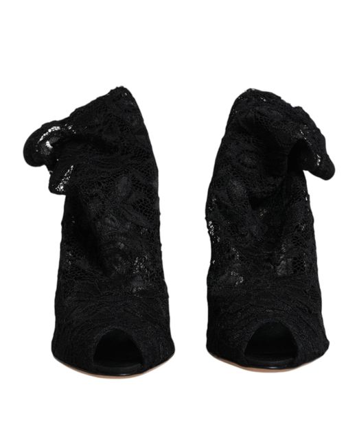 Dolce & Gabbana Black Lace Stretch Heels Mid Calf Boots Shoes