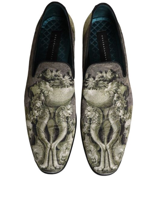 Dolce & Gabbana Gray Brown Baroque Print Slip On Loafers Shoes for men